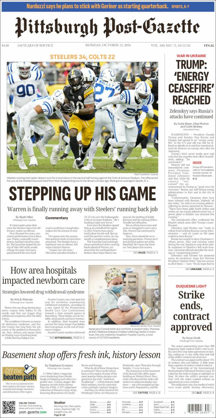 Portada de Pittsburgh Post-Gazette (USA)