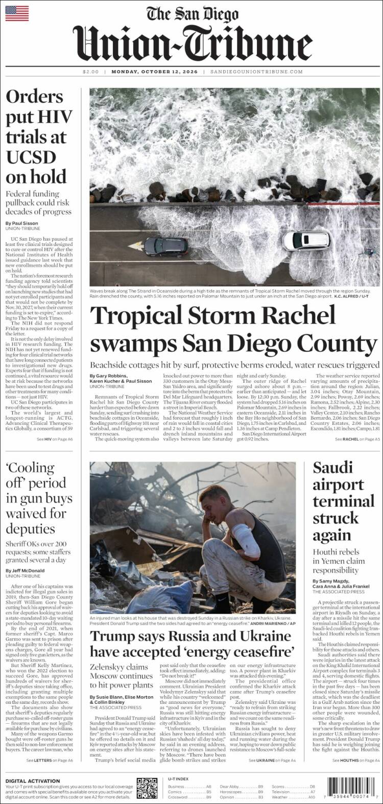 Portada de The San Diego Union-Tribune (USA)
