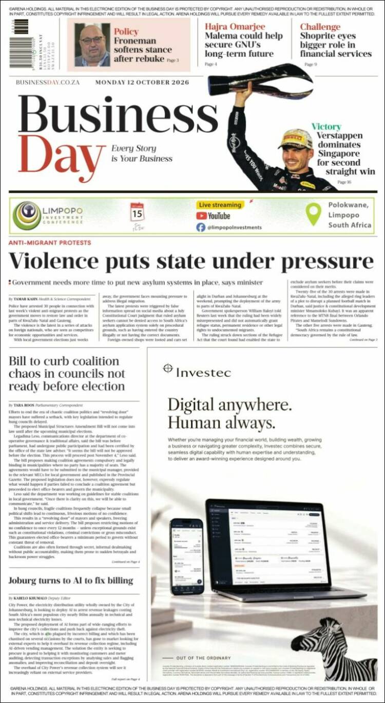 Portada de Business Day (Sud&aacute;frica)