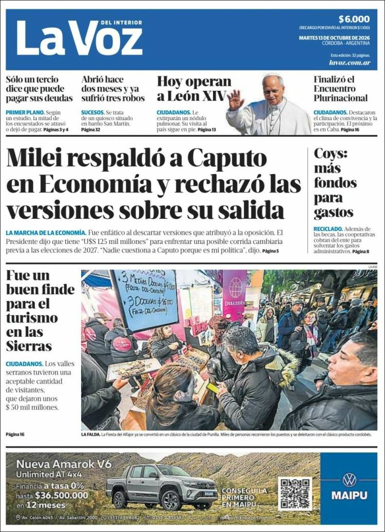 Tapa del diario La Voz del 13/10/2026