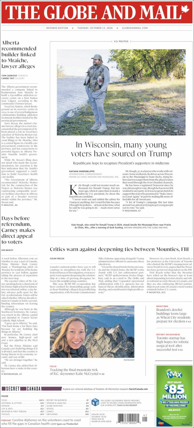 Portada de The Globe and Mail (Canad&aacute;)