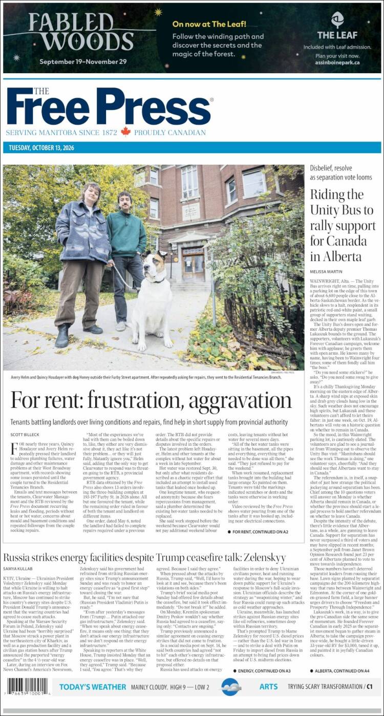 Portada de Winnipeg Free Press (Canad&aacute;)