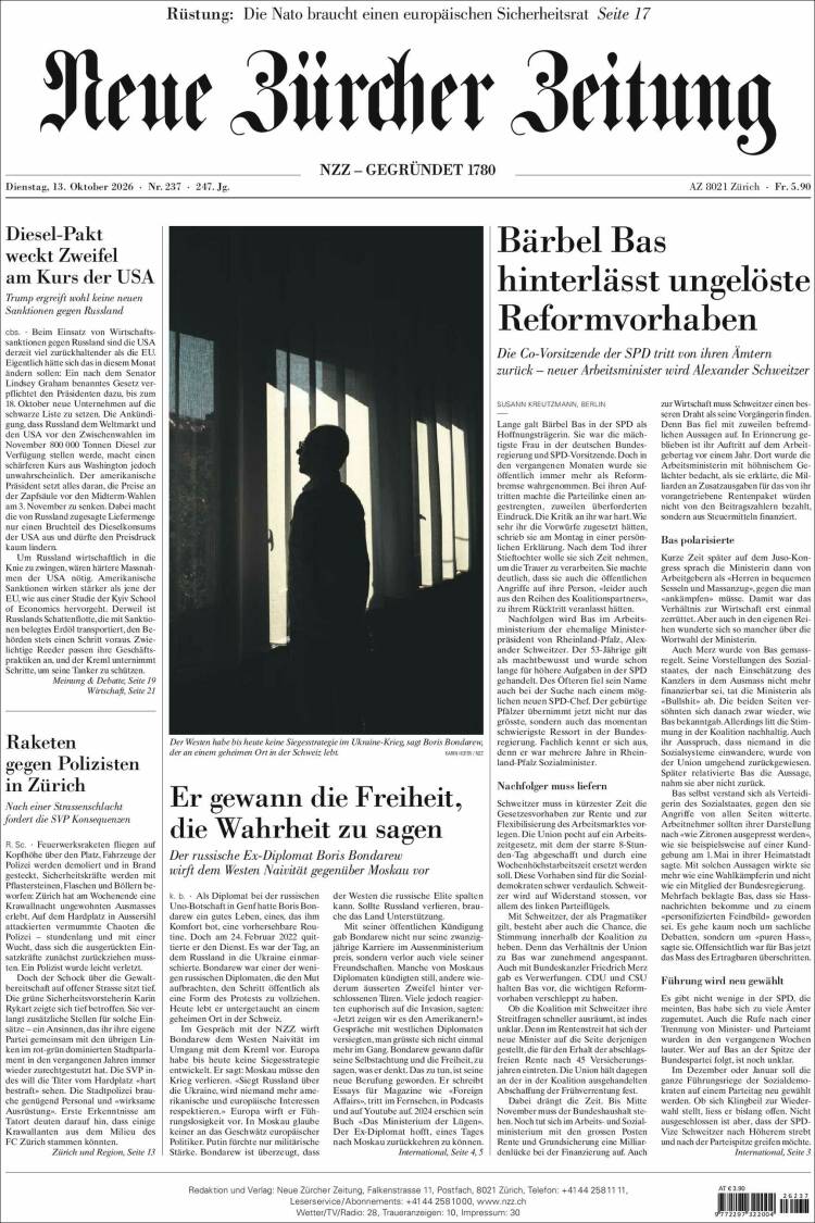 Portada de Neue Zürcher Zeitung (Suiza)