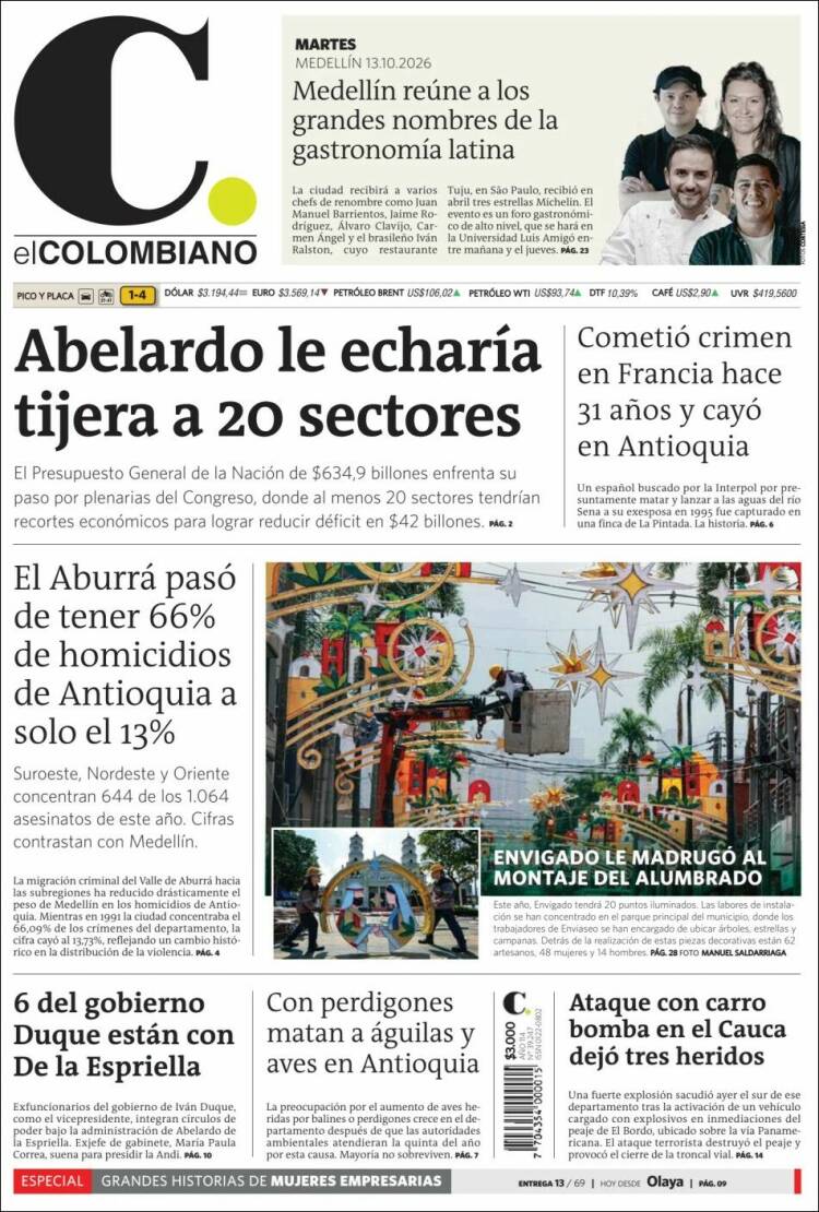 Portada de El Colombiano (Colombia)