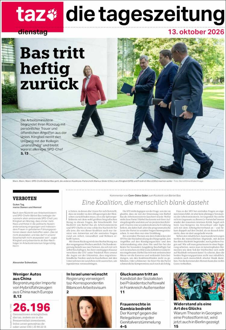 Portada de Die Tageszeitung (Alemania)