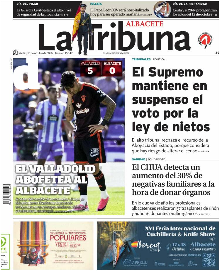 Portada de La Tribuna de Albacete (Espa&ntilde;a)
