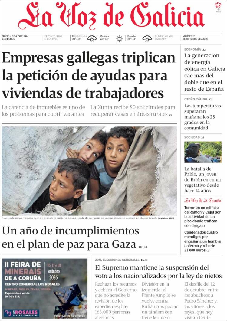 Portada del periódico La Voz de Galicia del 13/10/2026