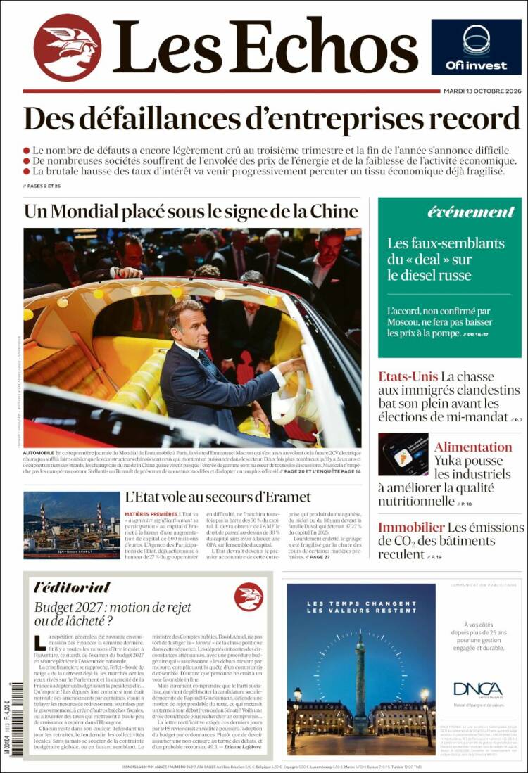 Portada de Les Echos (Francia)