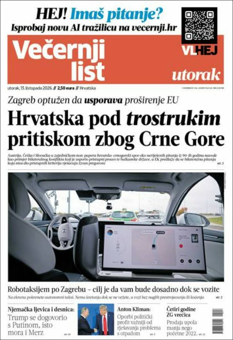 Portada de Večernji (Croacia)