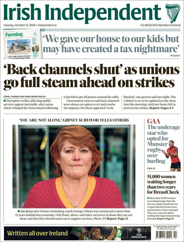 Portada de Irish Independent (Irlanda)