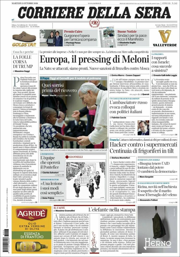 Portada de Corriere della Sera (Italia)