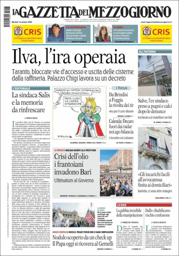 Portada de La Gazzetta del Mezzogiorno (Italia)