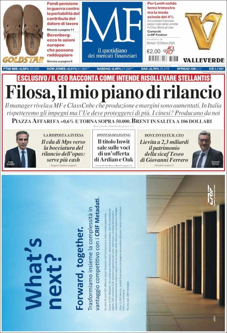 Portada de Milano Finanza (Italia)