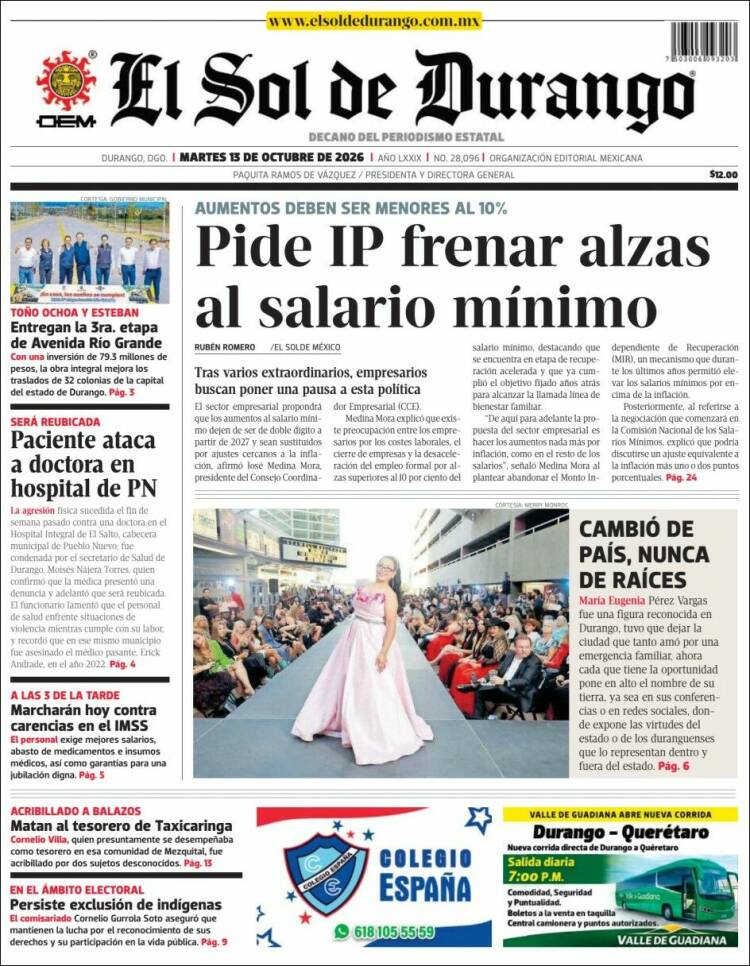Portada de El Sol de Durango (M&eacute;xico)