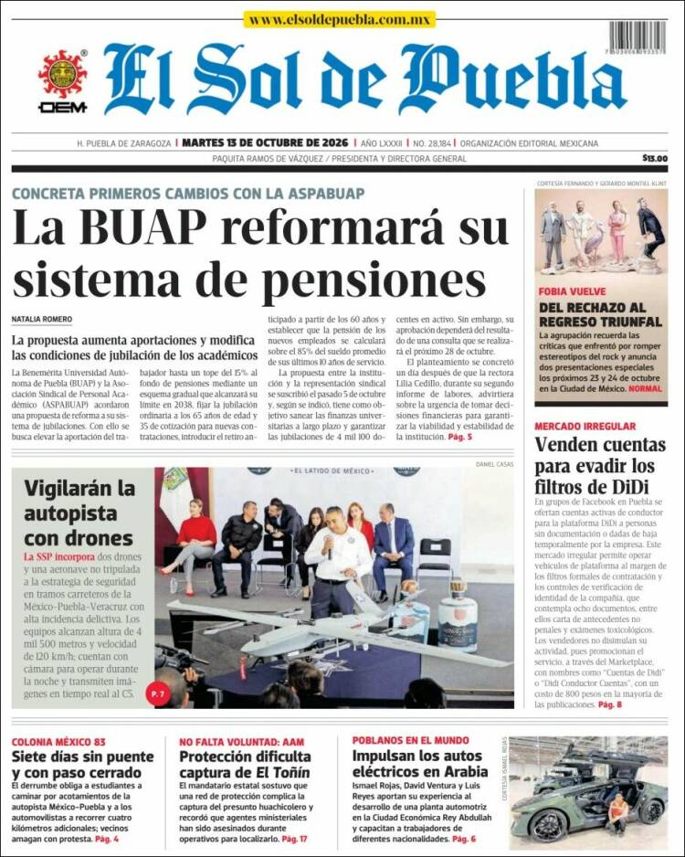 Portada de El Sol de Puebla (M&eacute;xico)