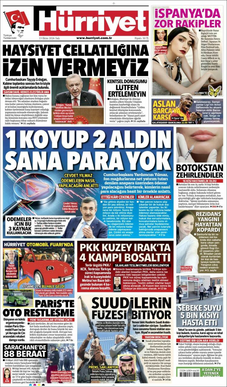Portada de Hürriyet (Turqu&iacute;a)