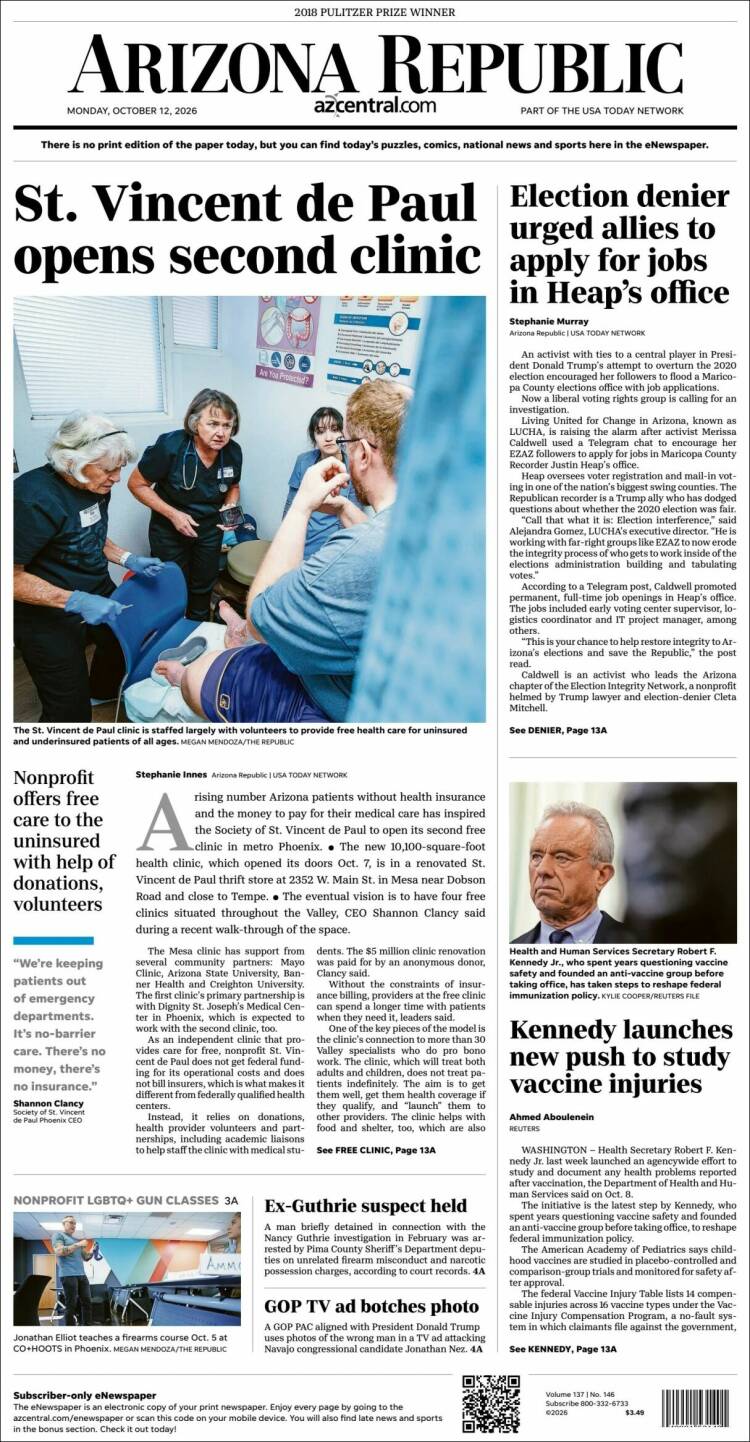Portada de Arizona Republic News (USA)