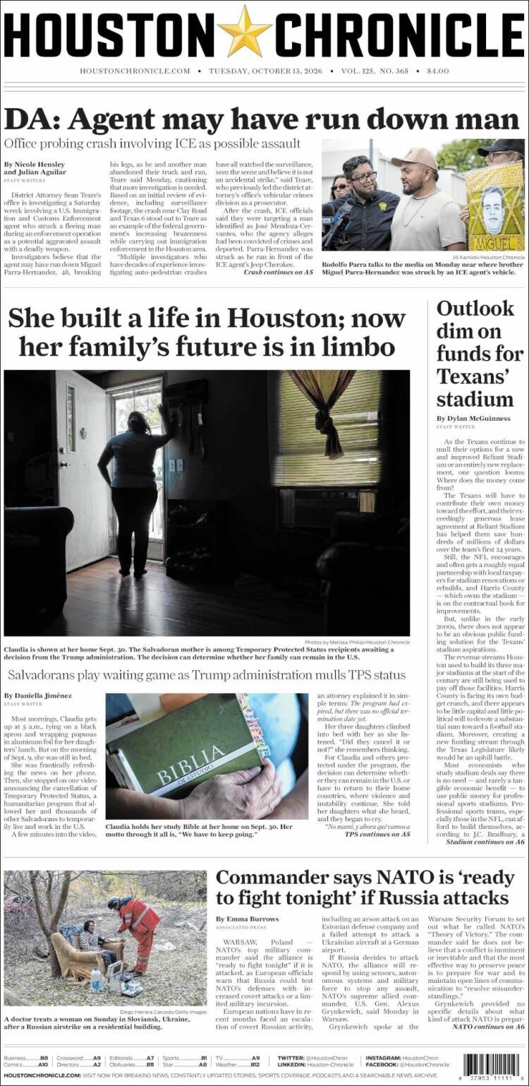 Portada de Houston Chronicle (USA)