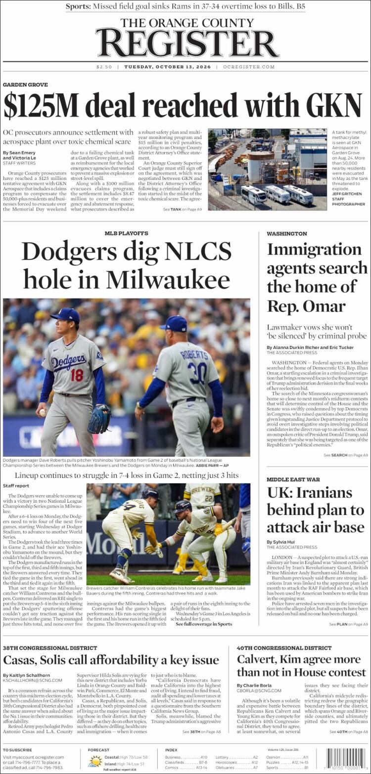 Portada de The Orange County Register (USA)