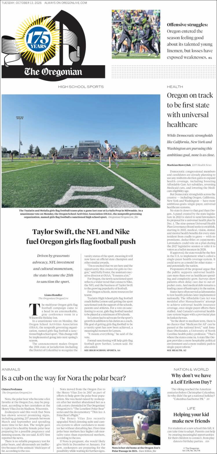 Portada de The Oregonian (USA)