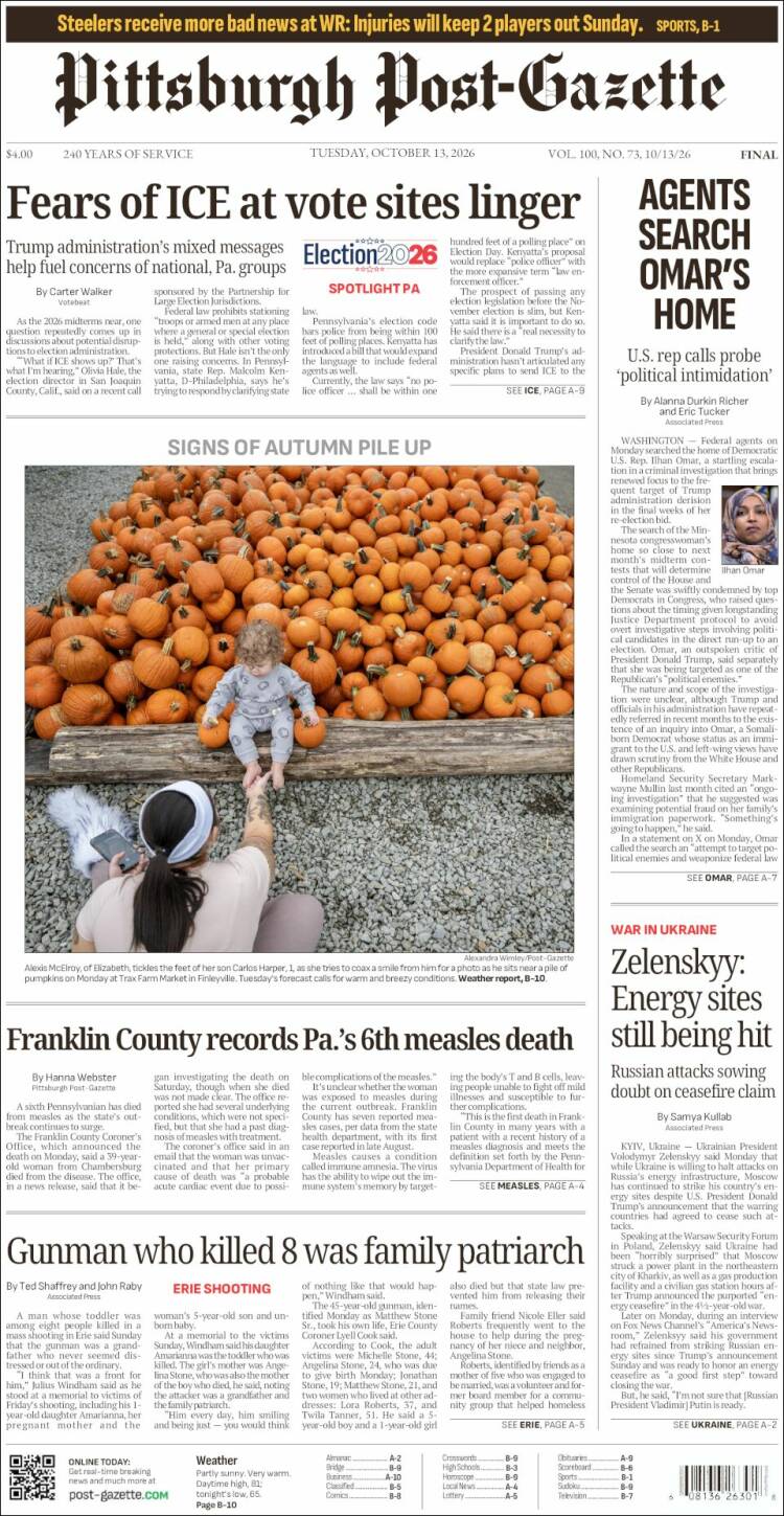 Portada de Pittsburgh Post-Gazette (USA)