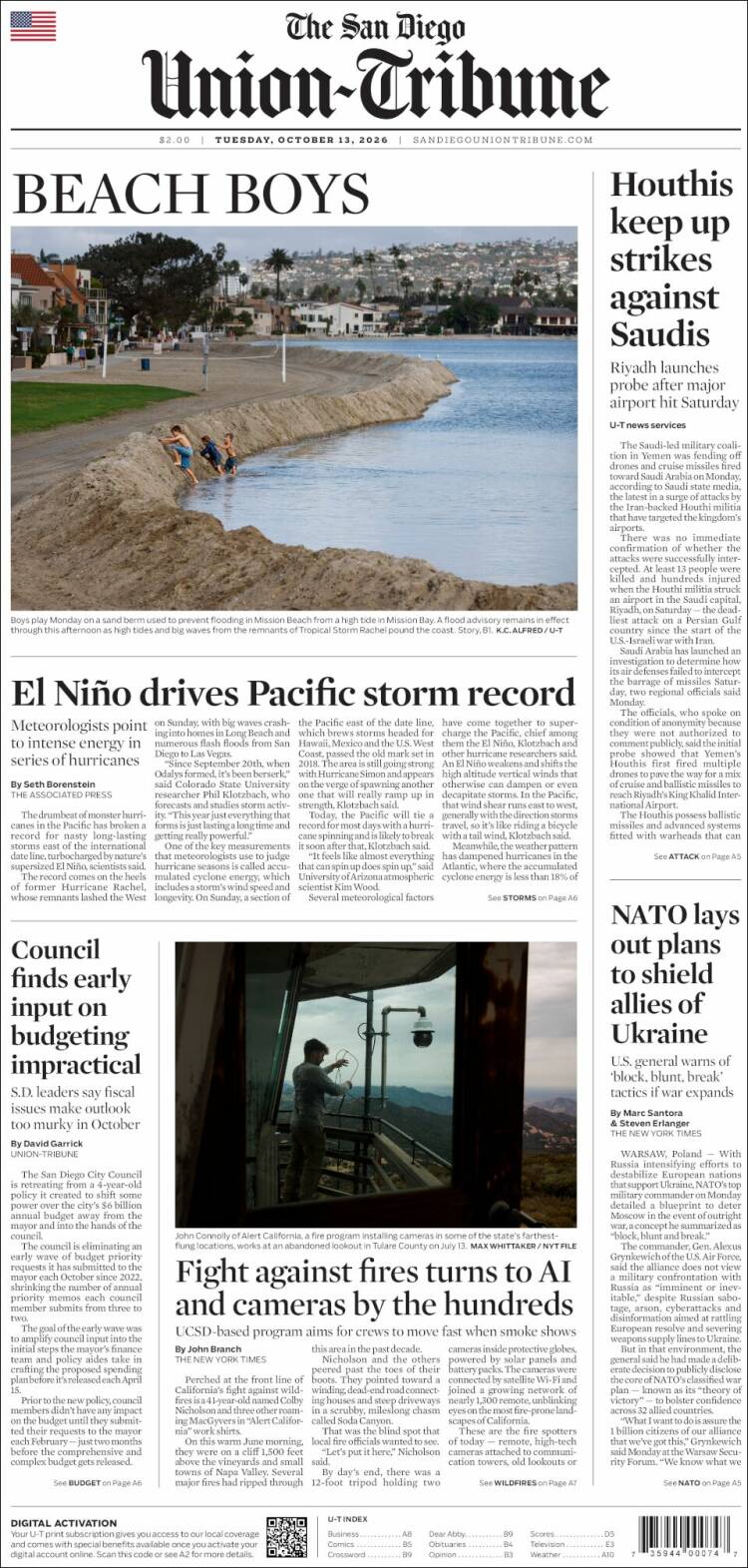 Portada de The San Diego Union-Tribune (USA)