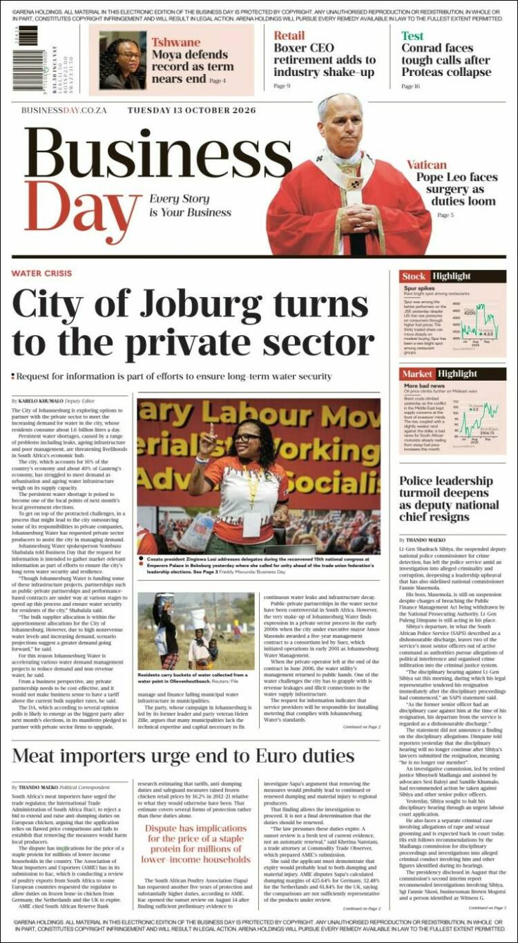 Portada de Business Day (Sud&aacute;frica)