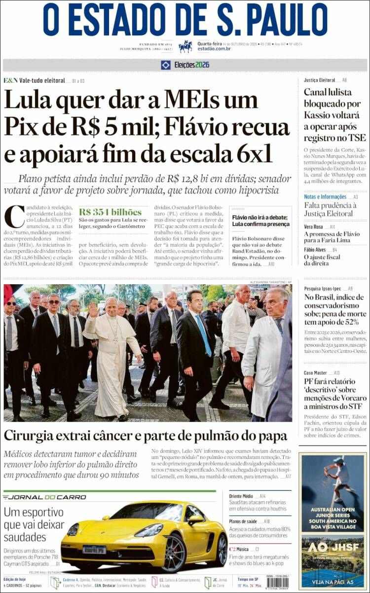 Portada de O Estado de São Paulo (Brasil)