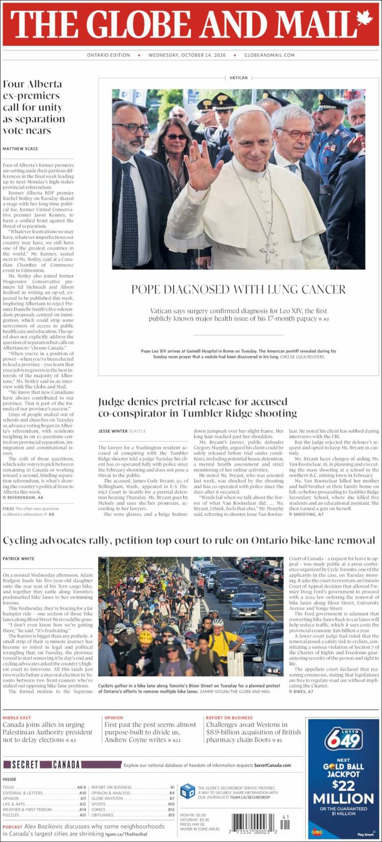 Portada de The Globe and Mail (Canad&aacute;)