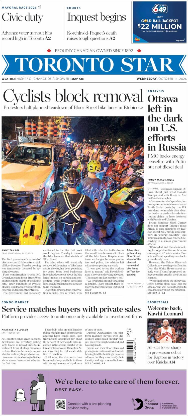 Portada de The Toronto Star (Canad&aacute;)