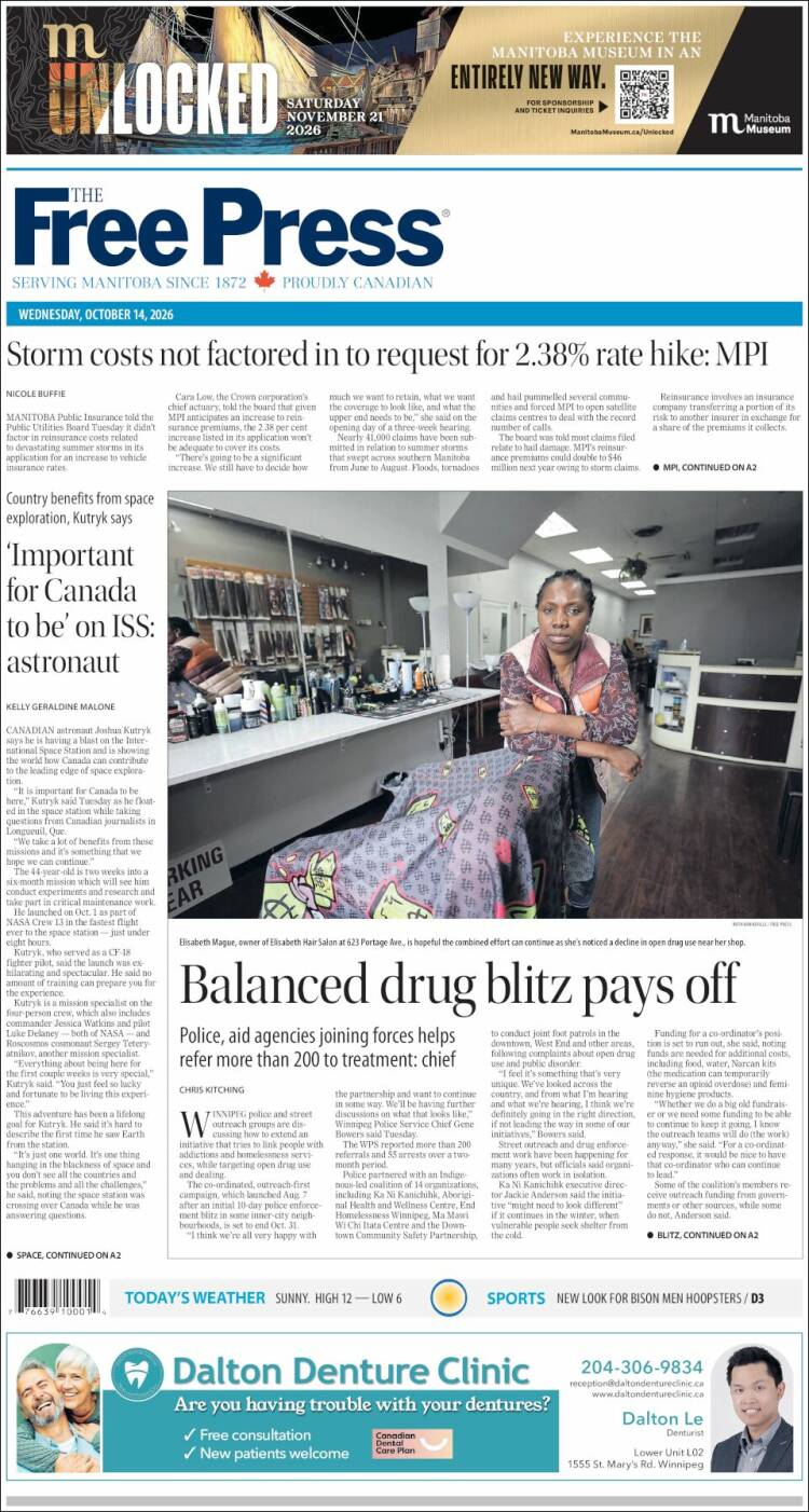 Portada de Winnipeg Free Press (Canad&aacute;)