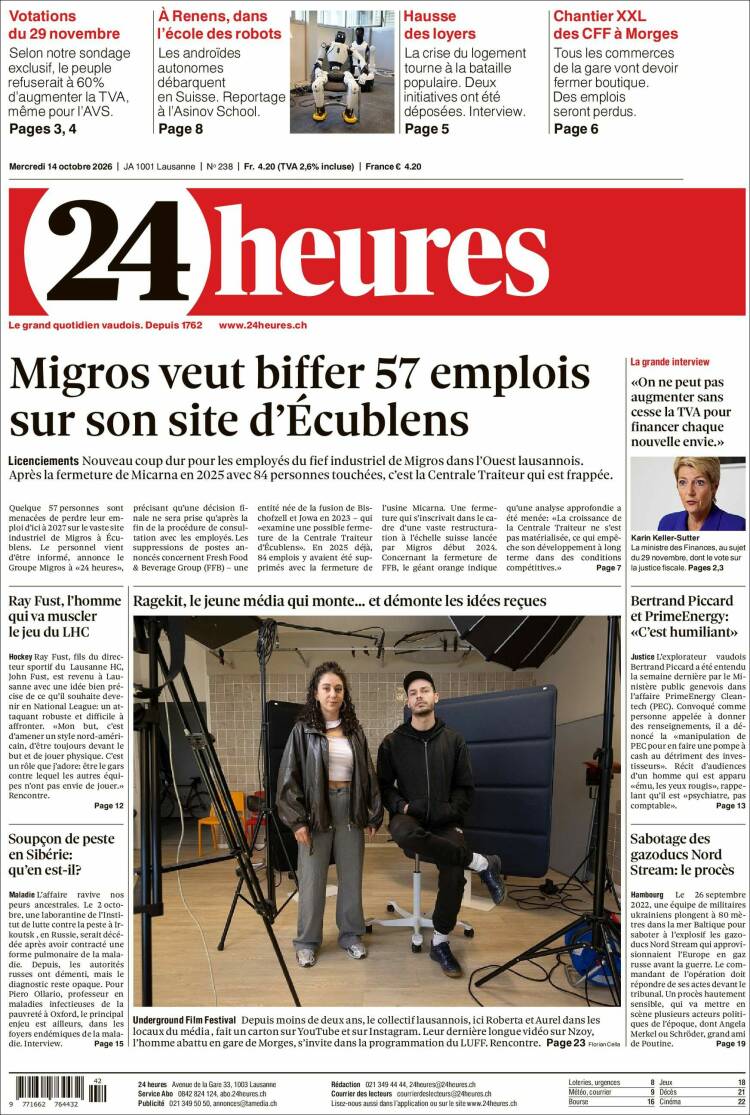 Portada de 24 Heures (Suiza)