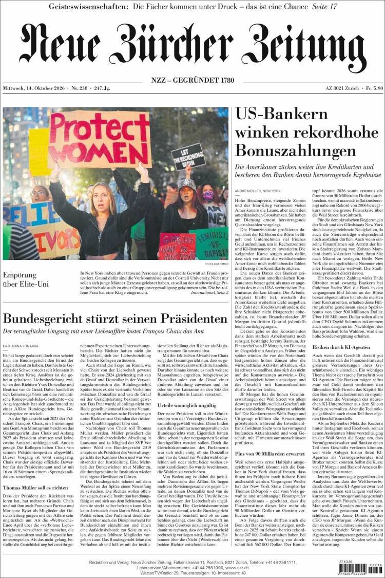 Portada de Neue Zürcher Zeitung (Suiza)