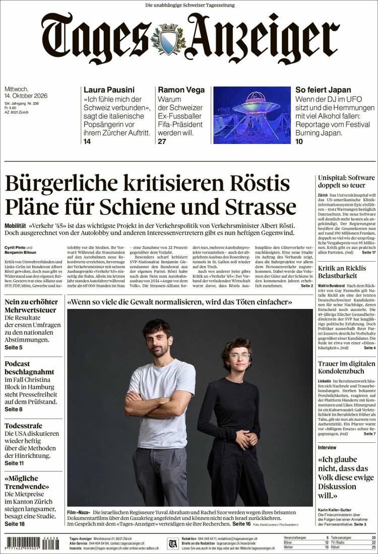 Portada de Tages-Anzeiger (Suiza)