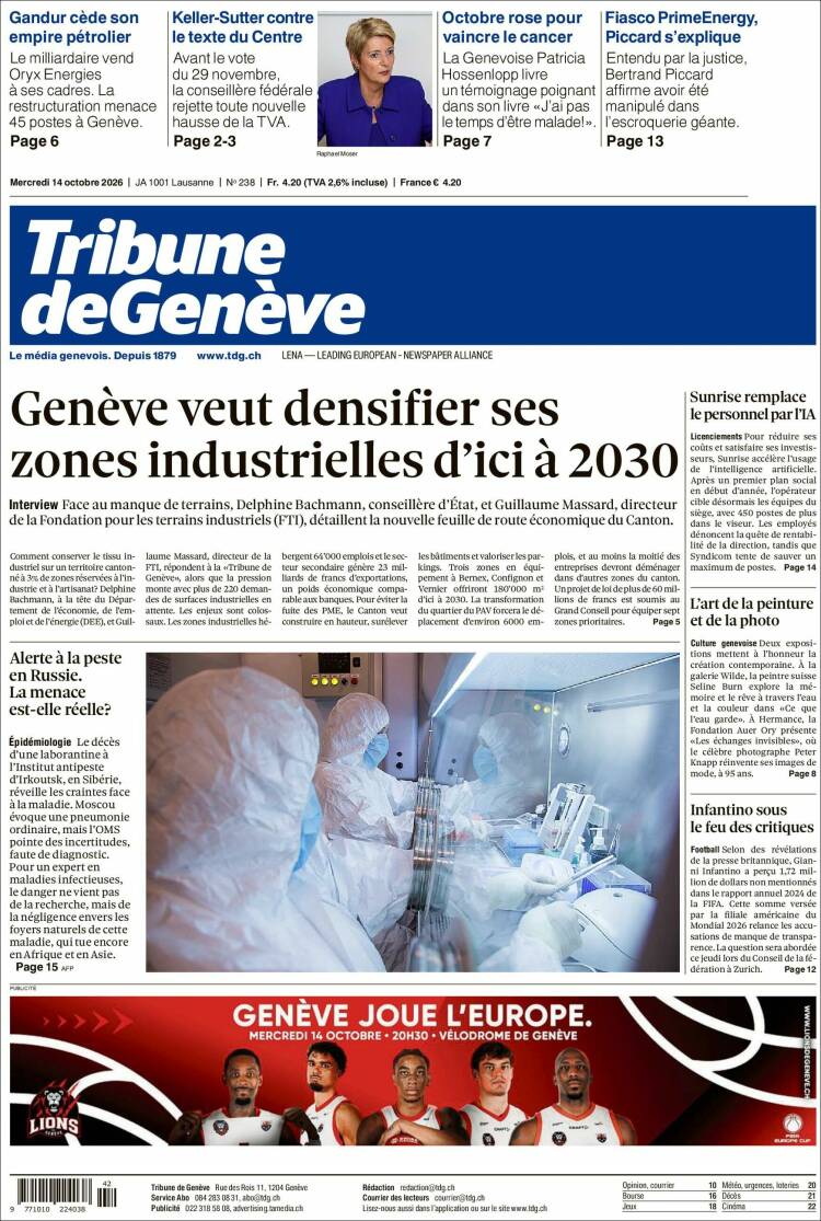 Portada de La Tribune de Genève (Suiza)