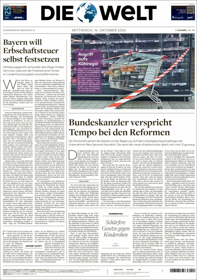 Portada de Die Welt (Alemania)