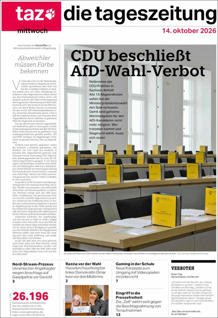 Portada de Die Tageszeitung (Alemania)