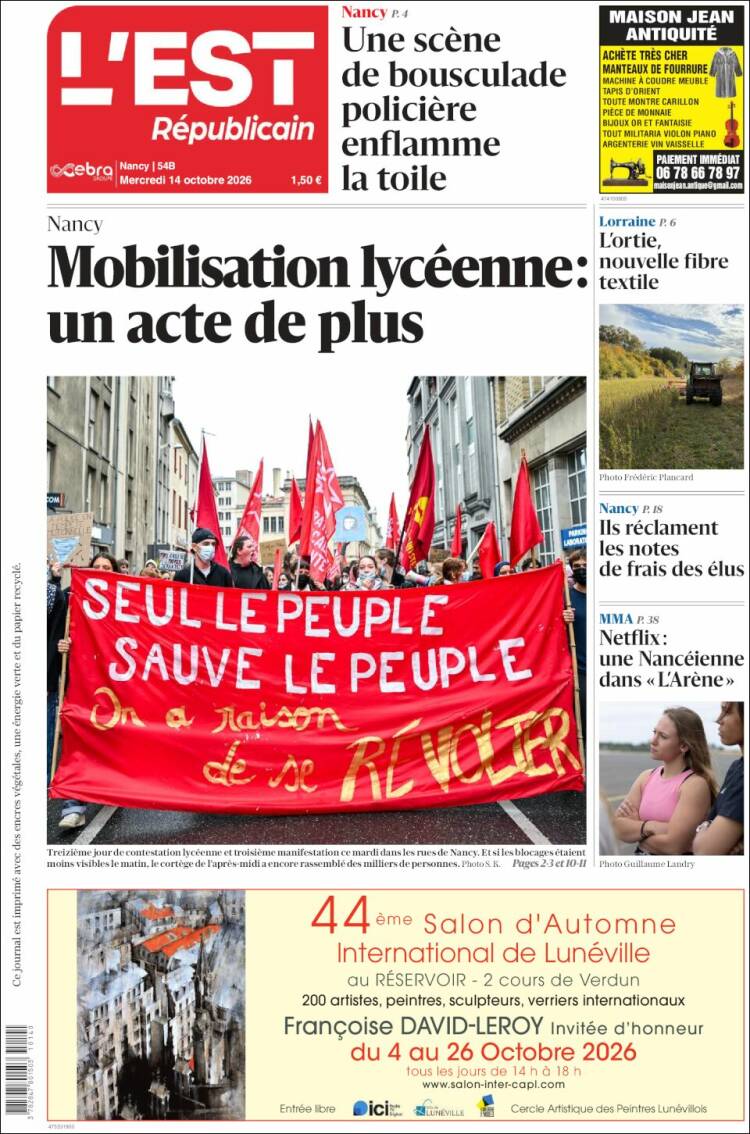 Portada de L'Est Republicain (Francia)