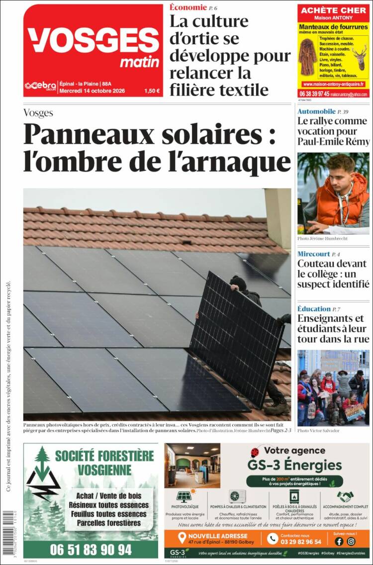 Portada de Vosges Matin (Francia)