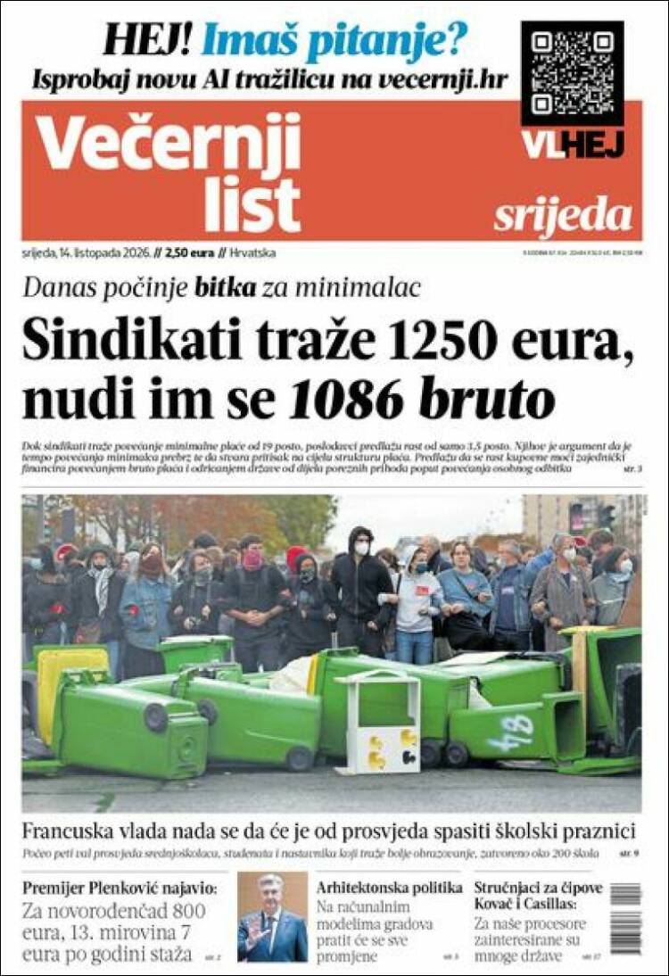 Portada de Večernji (Croacia)