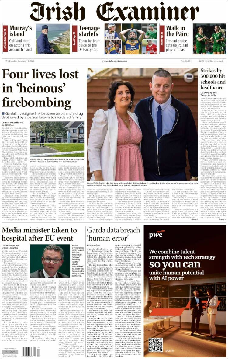 Portada de Irish Examiner (Irlanda)