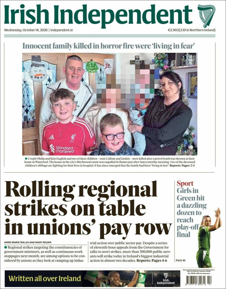 Portada de Irish Independent (Irlanda)