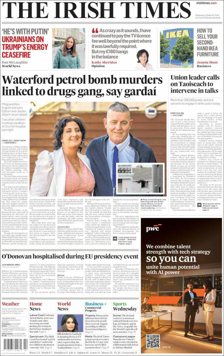 Portada de Irish Times (Irlanda)
