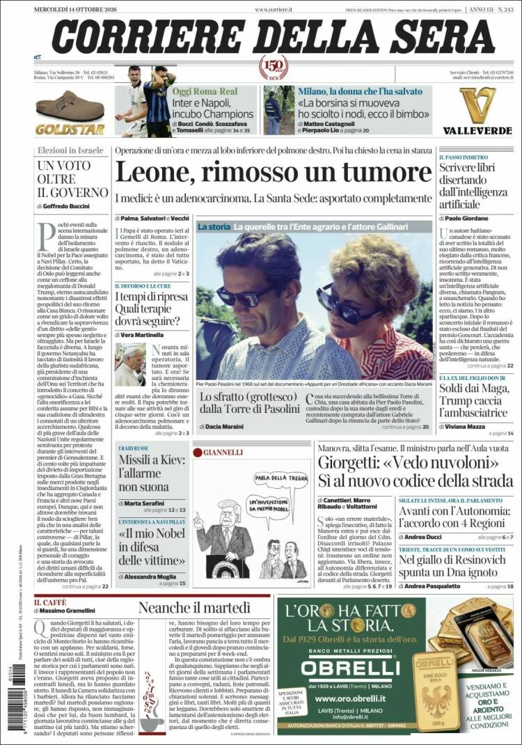 Portada de Corriere della Sera (Italia)