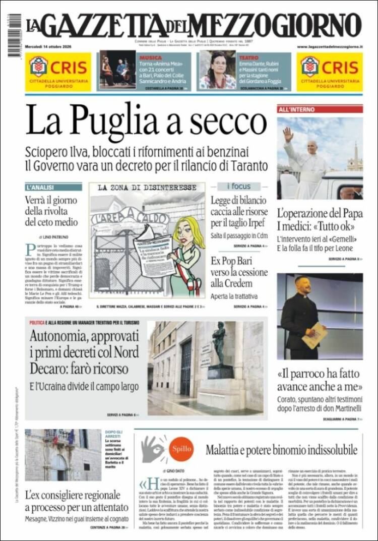 Portada de La Gazzetta del Mezzogiorno (Italia)