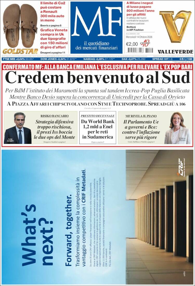 Portada de Milano Finanza (Italia)