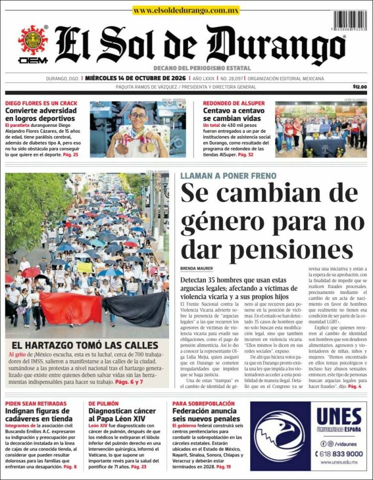 Portada de El Sol de Durango (M&eacute;xico)