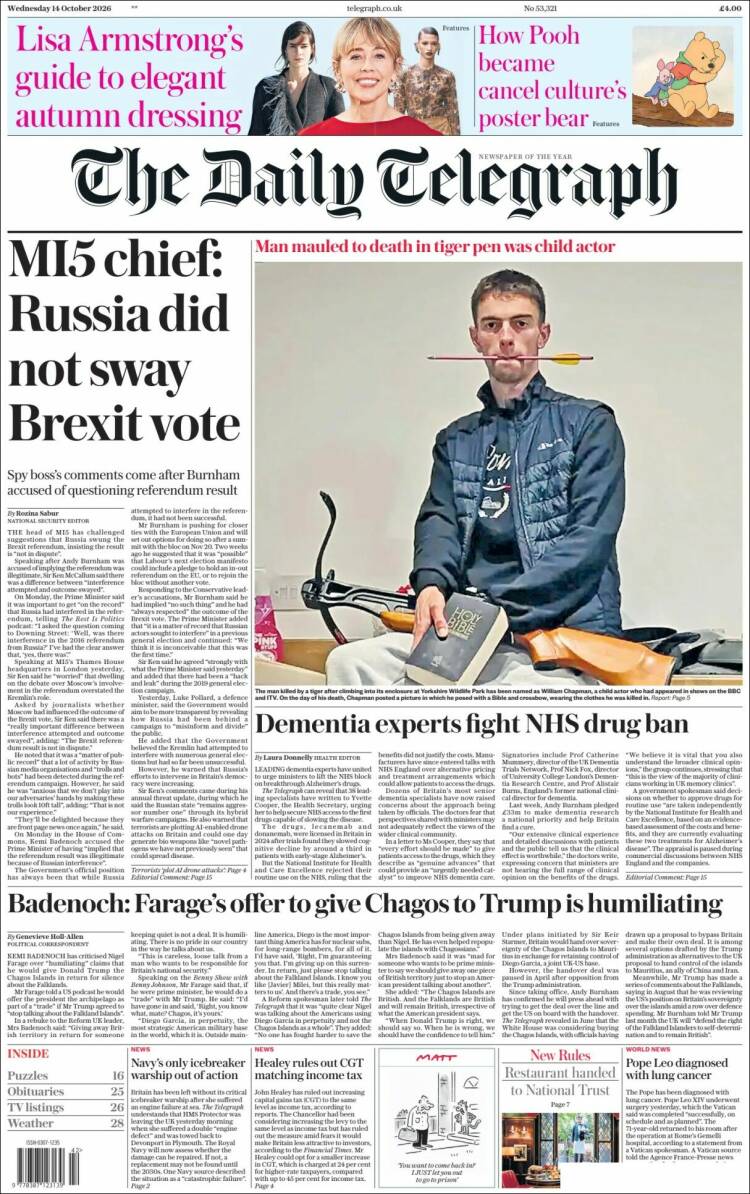 Portada de Daily Telegraph (Reino Unido)