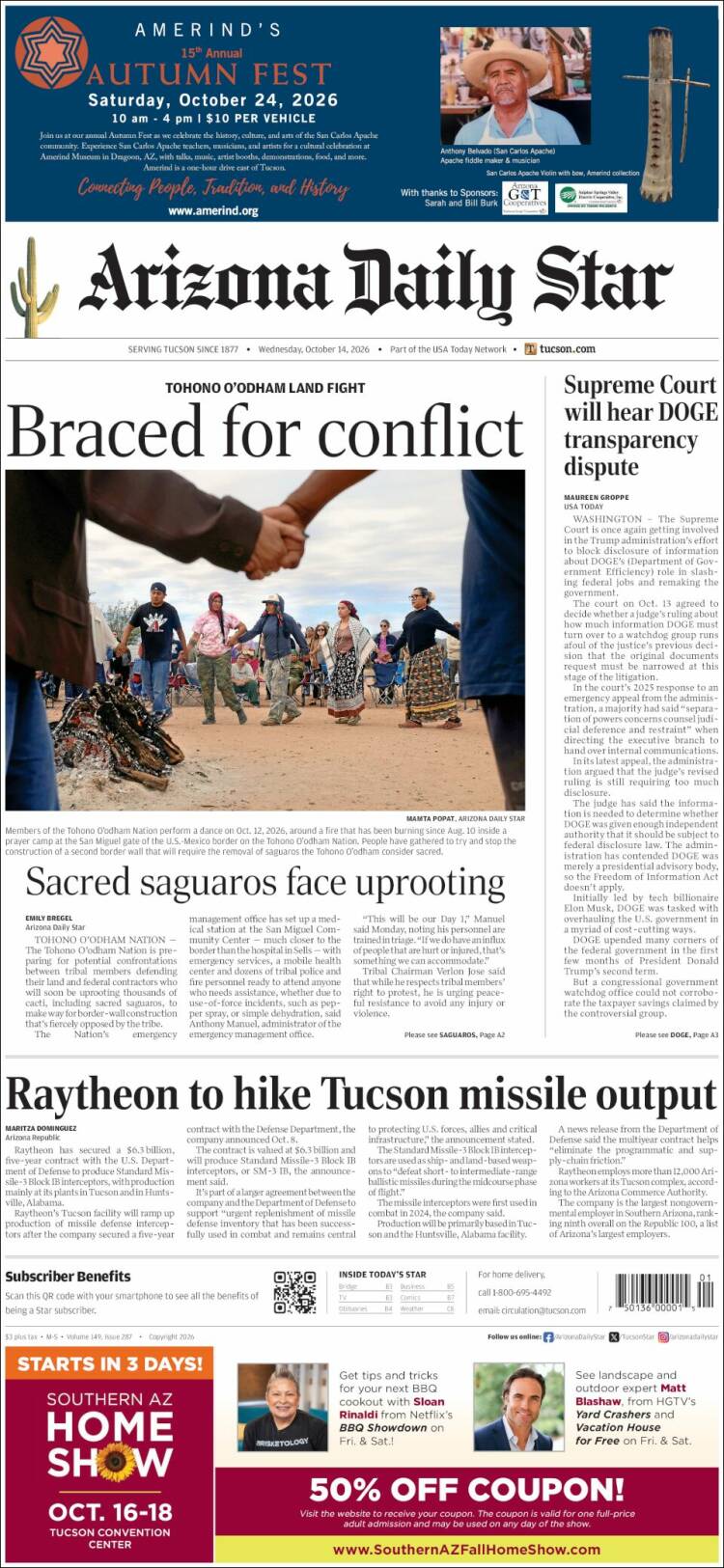 Portada de Arizona Daily Star (USA)