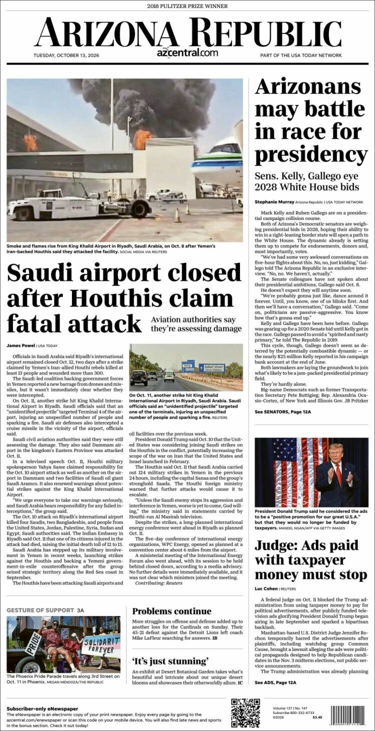 Portada de Arizona Republic News (USA)